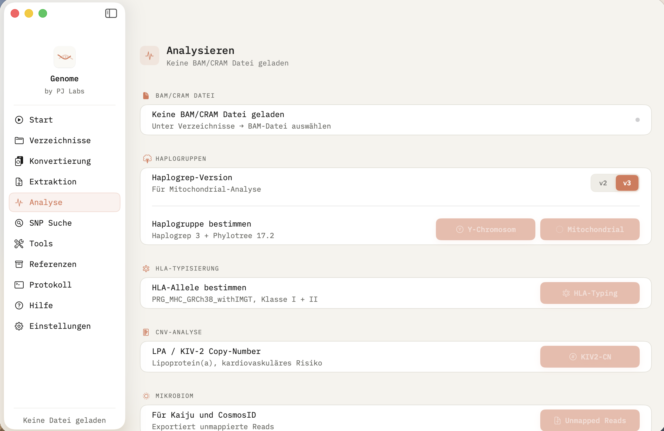 Genome Analyse: Haplogruppen, HLA-Typisierung, LPA/KIV-2 Copy-Number, Mikrobiom-Extraktion über Kaiju oder CosmosID — alles aus einer BAM-Datei.