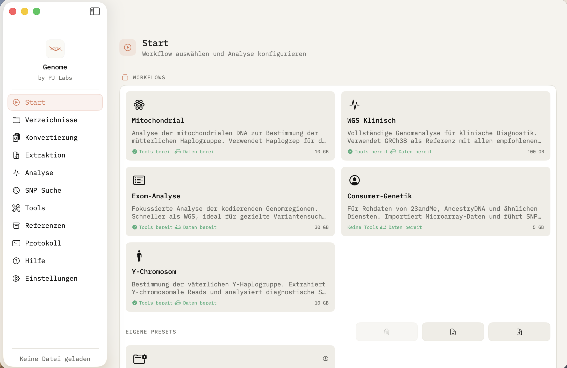 Genome Workflows: Start-Ansicht mit den Kern-Workflows: Mitochondrial, WGS Klinisch, Exom-Analyse, Consumer-Genetik und Y-Chromosom. Ein Klick genügt.